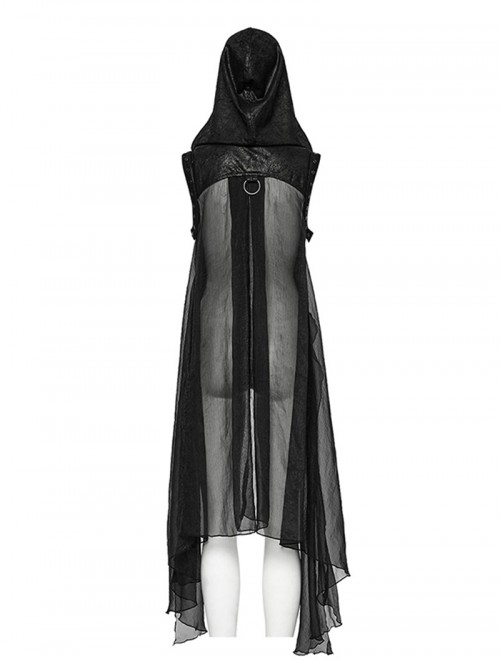 Cracked Faux Leather Chiffon Punk Style Black Personalized Hollow Skeleton Shoulder Buckle Hooded Vest