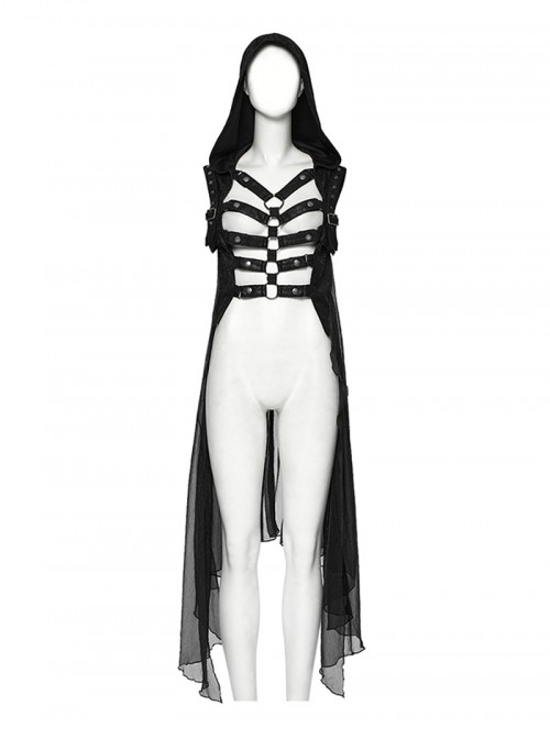 Cracked Faux Leather Chiffon Punk Style Black Personalized Hollow Skeleton Shoulder Buckle Hooded Vest