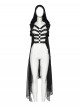 Cracked Faux Leather Chiffon Punk Style Black Personalized Hollow Skeleton Shoulder Buckle Hooded Vest