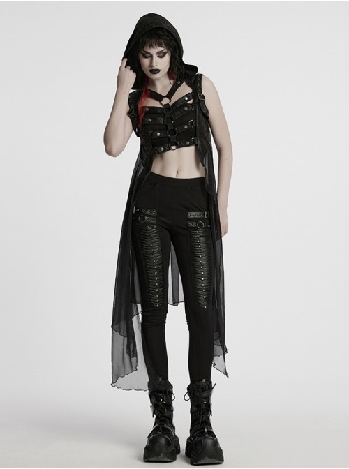 Cracked Faux Leather Chiffon Punk Style Black Personalized Hollow Skeleton Shoulder Buckle Hooded Vest
