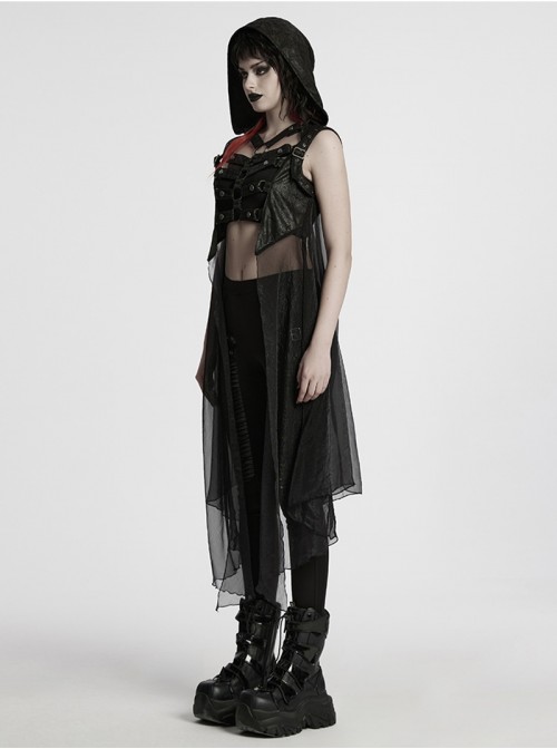 Cracked Faux Leather Chiffon Punk Style Black Personalized Hollow Skeleton Shoulder Buckle Hooded Vest