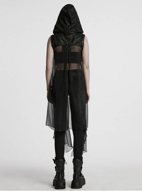 Cracked Faux Leather Chiffon Punk Style Black Personalized Hollow Skeleton Shoulder Buckle Hooded Vest