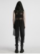 Cracked Faux Leather Chiffon Punk Style Black Personalized Hollow Skeleton Shoulder Buckle Hooded Vest