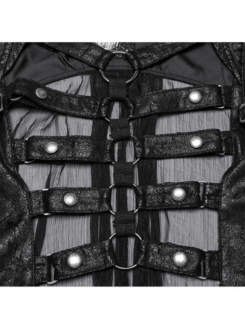 Cracked Faux Leather Chiffon Punk Style Black Personalized Hollow Skeleton Shoulder Buckle Hooded Vest