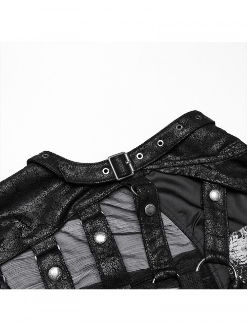 Cracked Faux Leather Chiffon Punk Style Black Personalized Hollow Skeleton Shoulder Buckle Hooded Vest