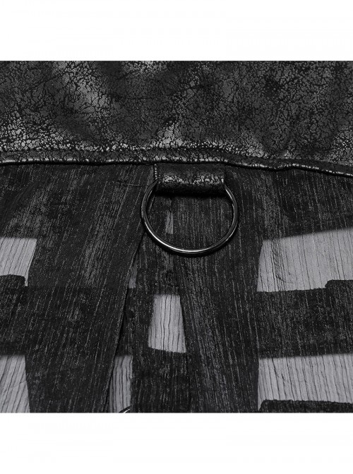 Cracked Faux Leather Chiffon Punk Style Black Personalized Hollow Skeleton Shoulder Buckle Hooded Vest