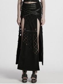 Black Cool Versatile Twill Woven Punk Style Sexy High Slits Detachable Skirt