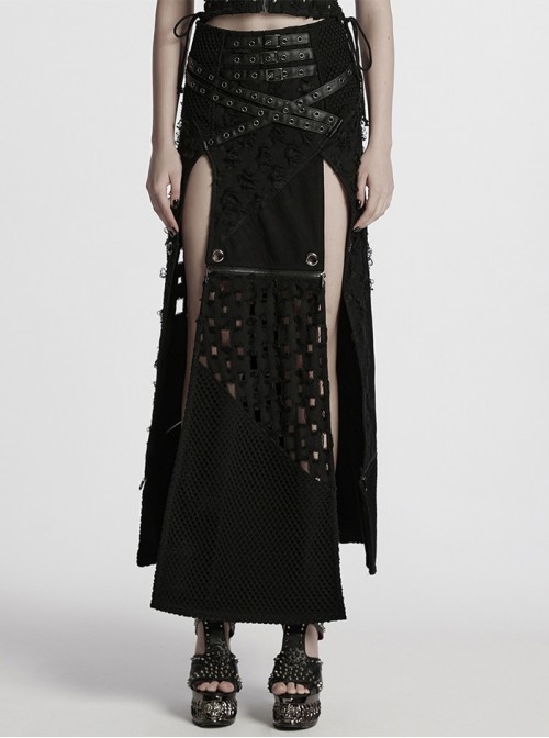 Black Cool Versatile Twill Woven Punk Style Sexy High Slits Detachable Skirt