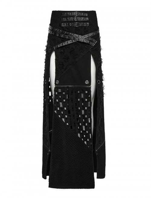 Black Cool Versatile Twill Woven Punk Style Sexy High Slits Detachable Skirt