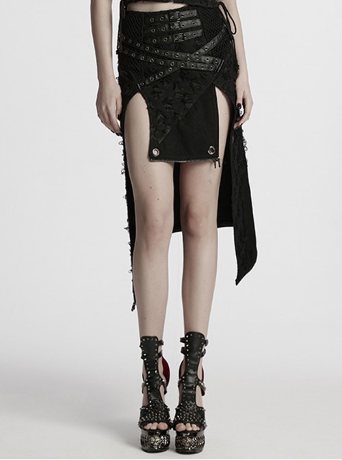 Black Cool Versatile Twill Woven Punk Style Sexy High Slits Detachable Skirt