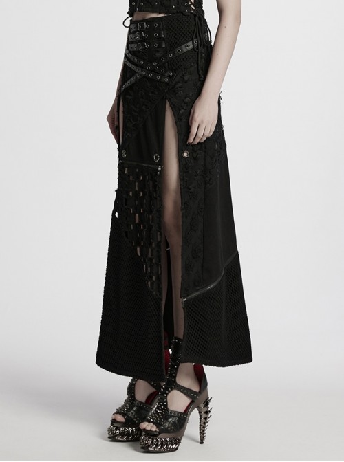 Black Cool Versatile Twill Woven Punk Style Sexy High Slits Detachable Skirt
