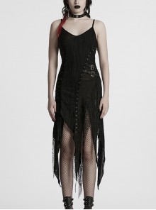 Versatile Gothic Style Fashionable Punk Mesh Yarn Black Lace Irregular Split Long Dress