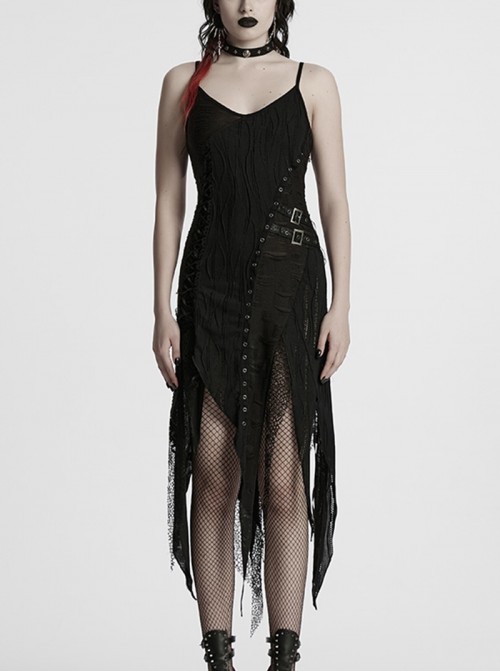 Versatile Gothic Style Fashionable Punk Mesh Yarn Black Lace Irregular Split Long Dress