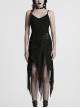 Versatile Gothic Style Fashionable Punk Mesh Yarn Black Lace Irregular Split Long Dress