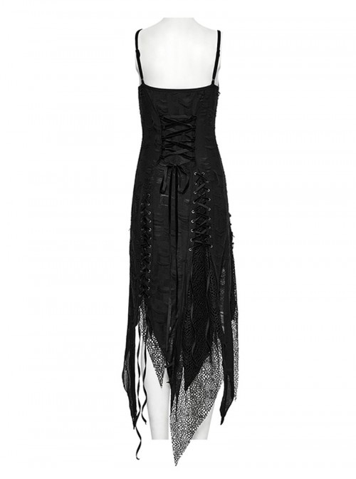 Versatile Gothic Style Fashionable Punk Mesh Yarn Black Lace Irregular Split Long Dress