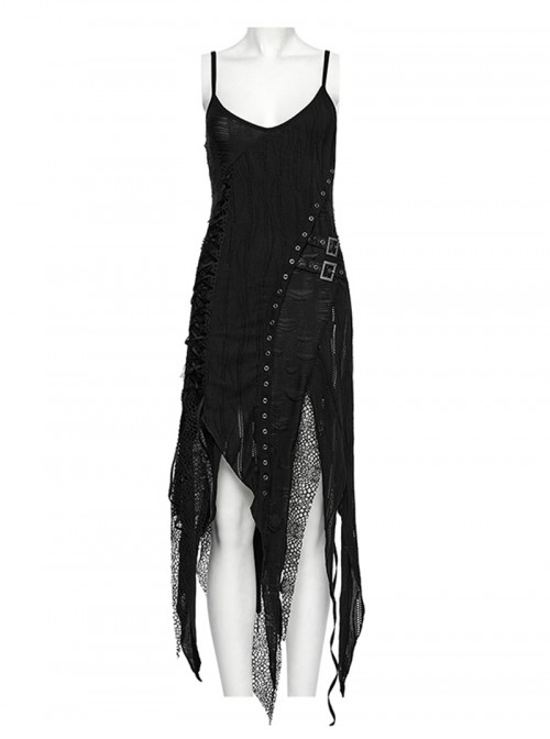 Versatile Gothic Style Fashionable Punk Mesh Yarn Black Lace Irregular Split Long Dress