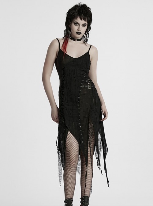 Versatile Gothic Style Fashionable Punk Mesh Yarn Black Lace Irregular Split Long Dress