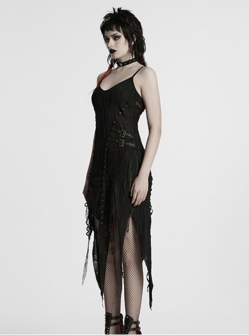Versatile Gothic Style Fashionable Punk Mesh Yarn Black Lace Irregular Split Long Dress