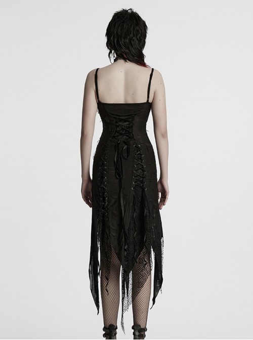 Versatile Gothic Style Fashionable Punk Mesh Yarn Black Lace Irregular Split Long Dress
