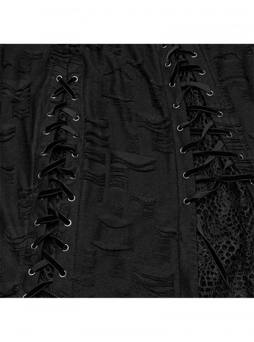 Versatile Gothic Style Fashionable Punk Mesh Yarn Black Lace Irregular Split Long Dress