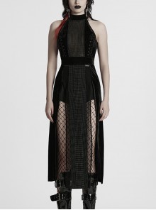 Black Gothic Style Sexy High Slit Halter Neck Sleeveless Slim Fit Long Dress