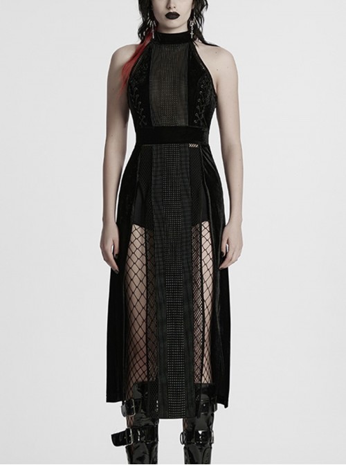 Black Gothic Style Sexy High Slit Halter Neck Sleeveless Slim Fit Long Dress