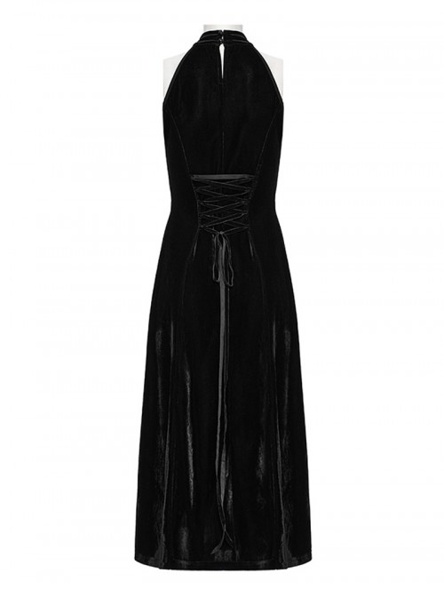 Black Gothic Style Sexy High Slit Halter Neck Sleeveless Slim Fit Long Dress