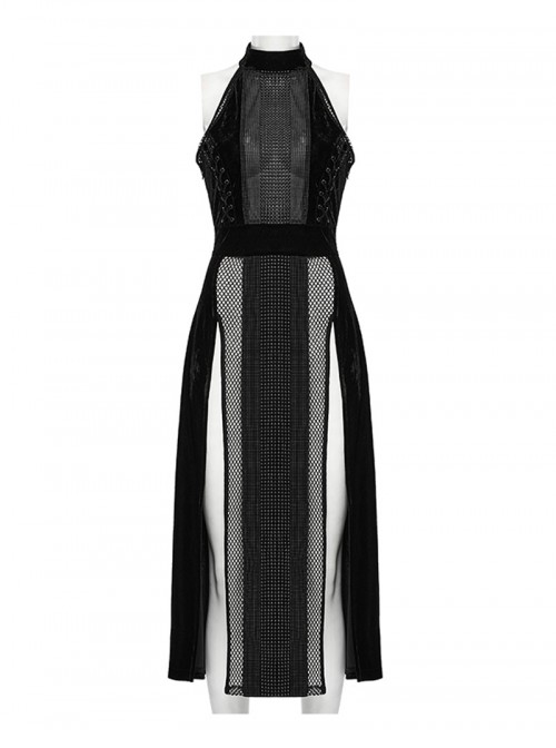 Black Gothic Style Sexy High Slit Halter Neck Sleeveless Slim Fit Long Dress