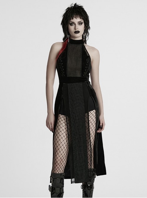 Black Gothic Style Sexy High Slit Halter Neck Sleeveless Slim Fit Long Dress