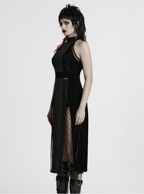 Black Gothic Style Sexy High Slit Halter Neck Sleeveless Slim Fit Long Dress