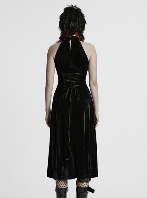 Black Gothic Style Sexy High Slit Halter Neck Sleeveless Slim Fit Long Dress