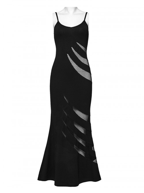 Black Punk Style Sexy Curvy Beauty Hollowed Out Elastic Knit Slim Fit Slip Dress