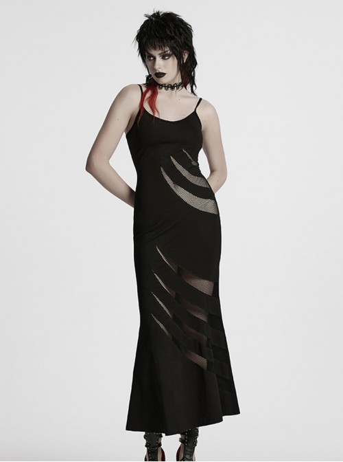 Black Punk Style Sexy Curvy Beauty Hollowed Out Elastic Knit Slim Fit Slip Dress