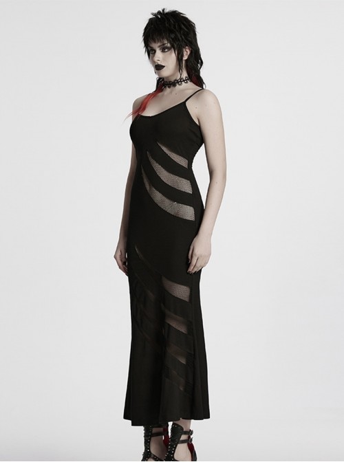 Black Punk Style Sexy Curvy Beauty Hollowed Out Elastic Knit Slim Fit Slip Dress