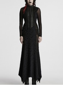Black Punk Style Visual Creative Lace Mesh Yarn Slim Fit Long Sleeves Dress