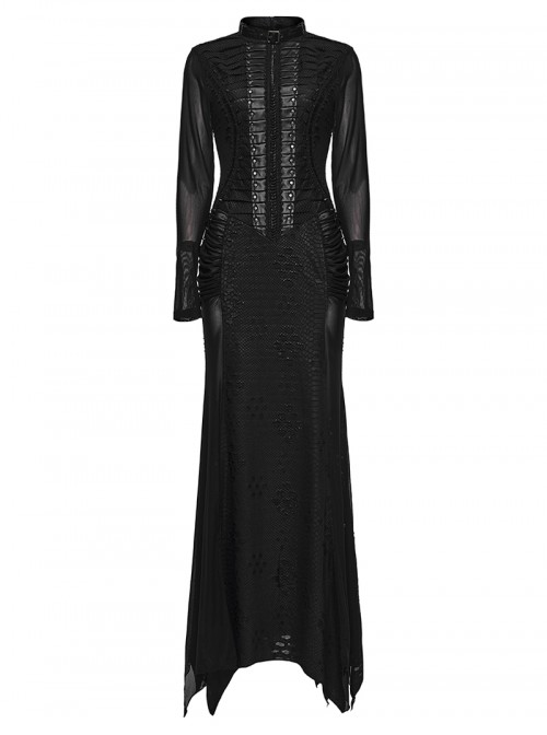 Black Punk Style Visual Creative Lace Mesh Yarn Slim Fit Long Sleeves Dress