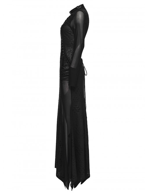 Black Punk Style Visual Creative Lace Mesh Yarn Slim Fit Long Sleeves Dress
