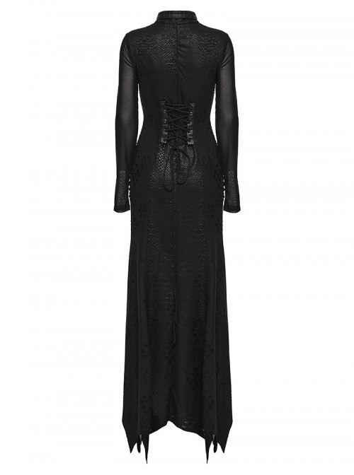 Black Punk Style Visual Creative Lace Mesh Yarn Slim Fit Long Sleeves Dress