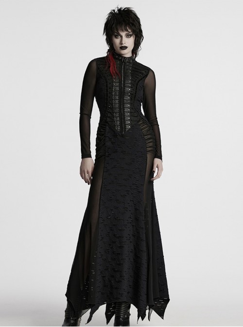 Black Punk Style Visual Creative Lace Mesh Yarn Slim Fit Long Sleeves Dress