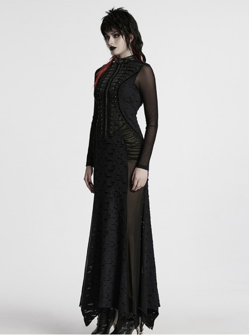 Black Punk Style Visual Creative Lace Mesh Yarn Slim Fit Long Sleeves Dress