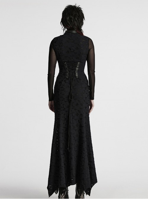 Black Punk Style Visual Creative Lace Mesh Yarn Slim Fit Long Sleeves Dress