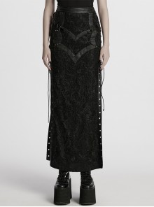Gothic Style Visual Embroidered Lace Jacquard Black Side High Slit Eyelet Skirt