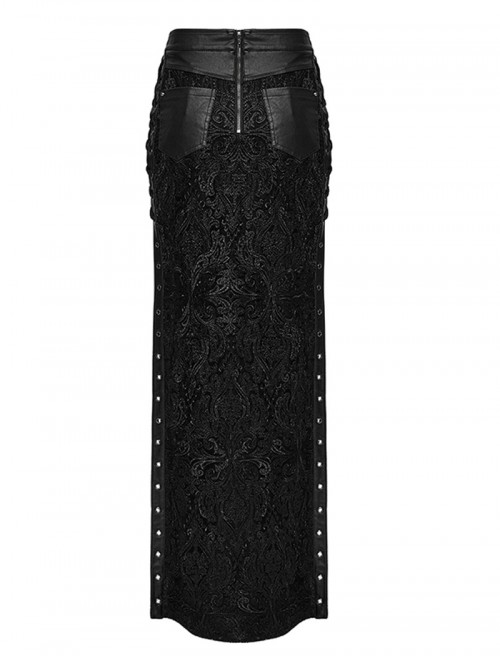 Gothic Style Visual Embroidered Lace Jacquard Black Side High Slit Eyelet Skirt