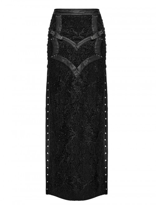 Gothic Style Visual Embroidered Lace Jacquard Black Side High Slit Eyelet Skirt