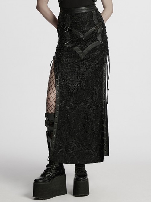 Gothic Style Visual Embroidered Lace Jacquard Black Side High Slit Eyelet Skirt