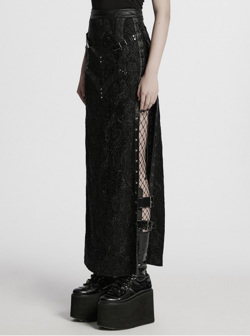 Gothic Style Visual Embroidered Lace Jacquard Black Side High Slit Eyelet Skirt
