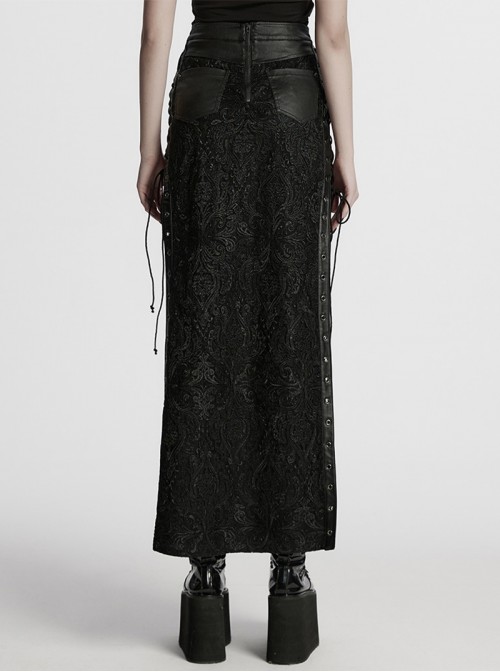 Gothic Style Visual Embroidered Lace Jacquard Black Side High Slit Eyelet Skirt