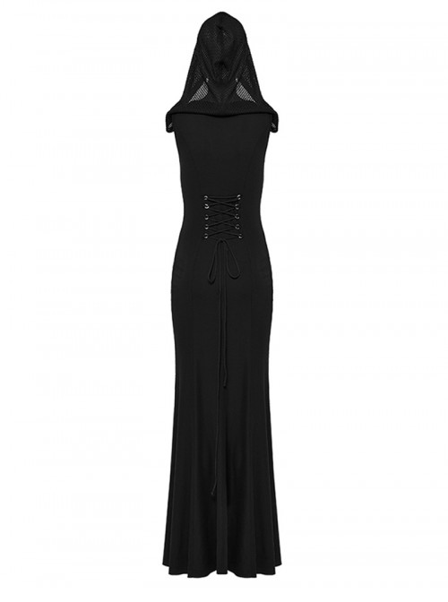 Black Punk Style Sacred Nun Sexy Translucent Mesh Yarn Hooded Visual Slim Fit Dress