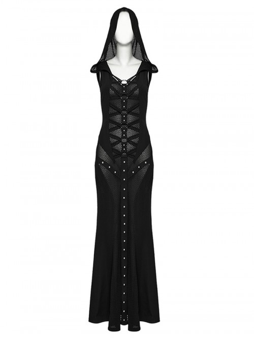 Black Punk Style Sacred Nun Sexy Translucent Mesh Yarn Hooded Visual Slim Fit Dress
