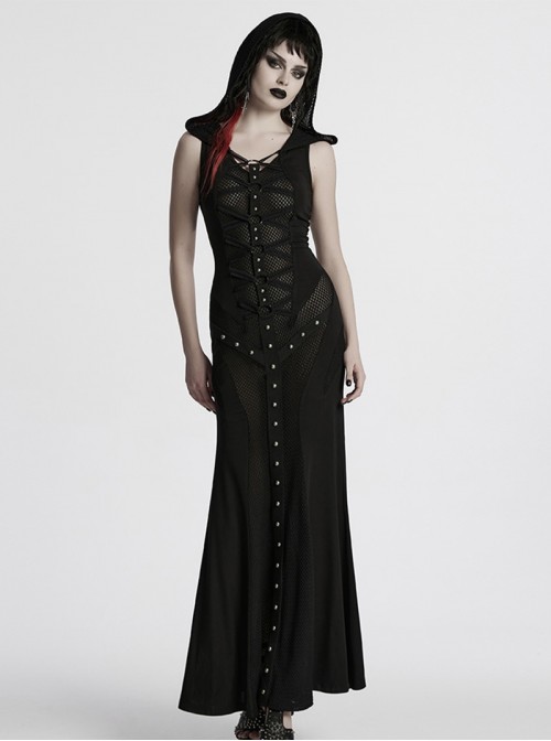 Black Punk Style Sacred Nun Sexy Translucent Mesh Yarn Hooded Visual Slim Fit Dress